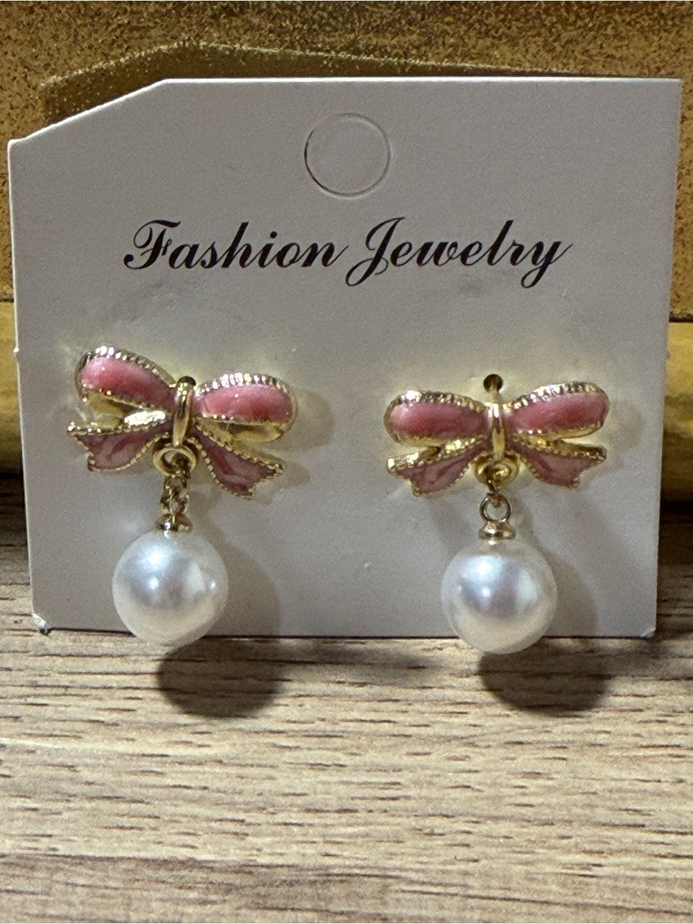 Fashion Jewelry Gold-Tone Pink Bow Earrings with Pearl Drops